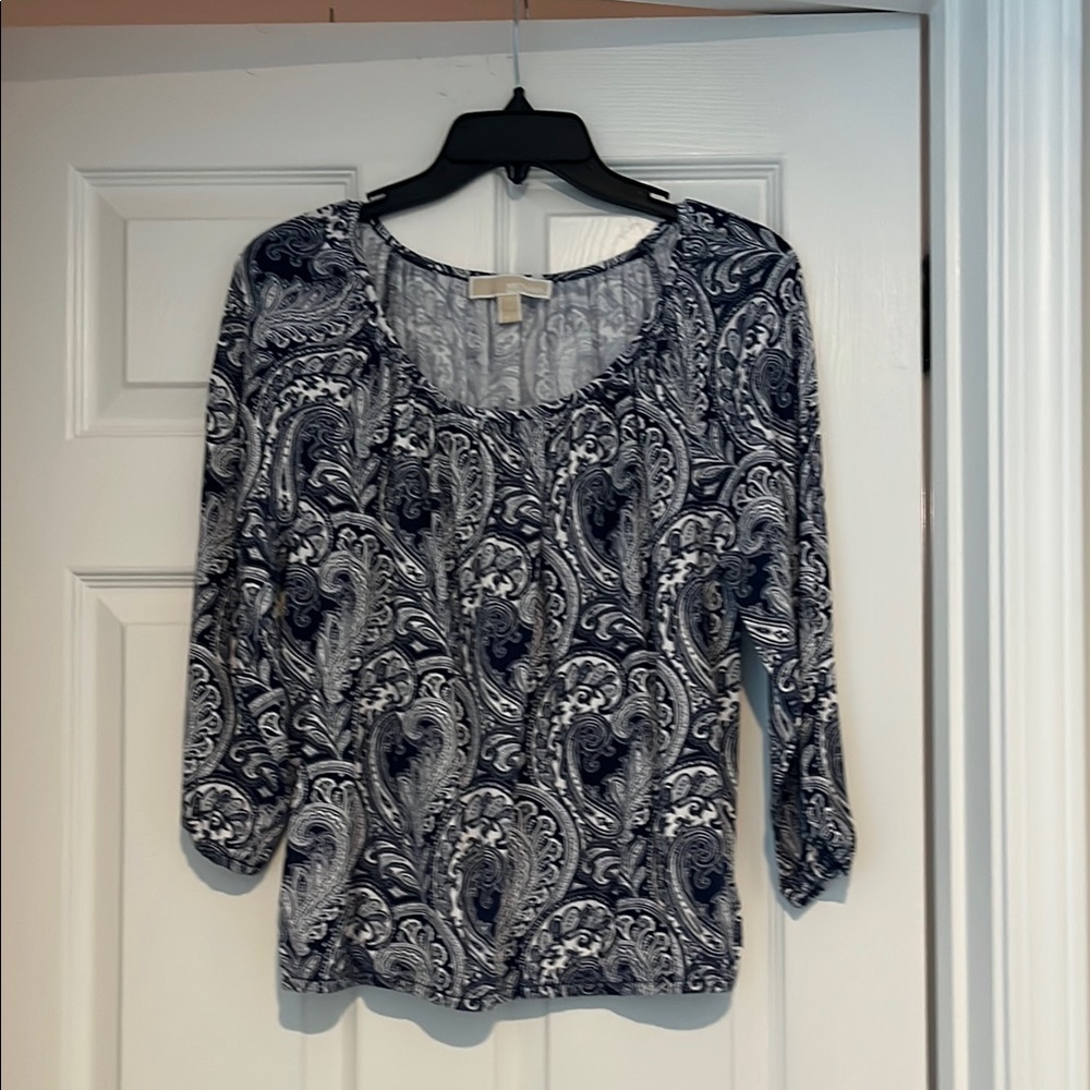 MICHAEL Michael Kors Blue and White Fitted 3/4 Sleeve Blouse